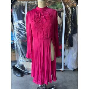 Free People Magenta Embroidered Maxi Dress Boho Romantic Long Sleeve